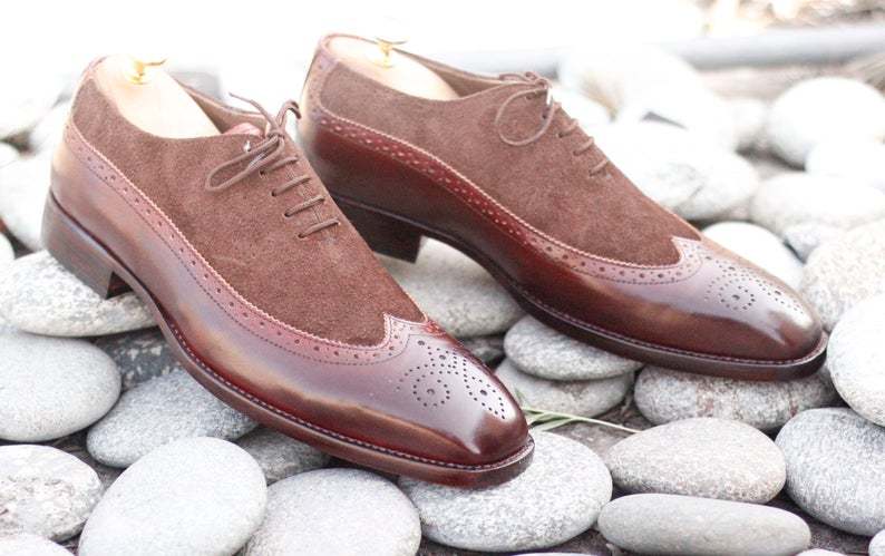 Handmade Men Brown Leather Suede Wing Tip Brogue Shoes, Men Dress Lace Up Shoes