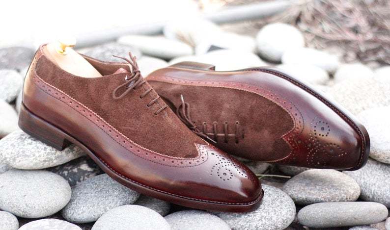 Handmade Men Brown Leather Suede Wing Tip Brogue Shoes, Men Dress Lace Up Shoes