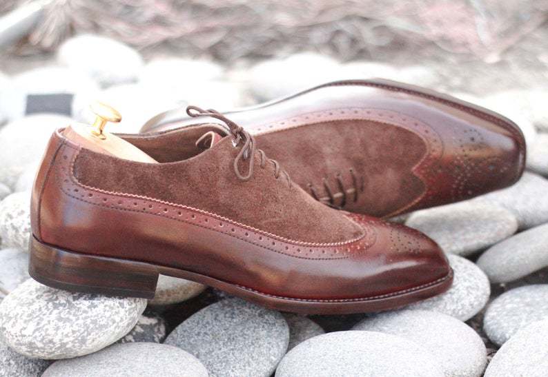 Handmade Men Brown Leather Suede Wing Tip Brogue Shoes, Men Dress Lace Up Shoes