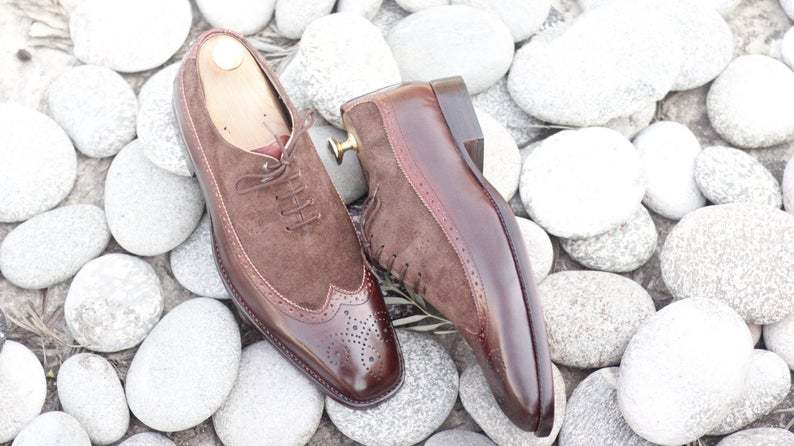 Handmade Men Brown Leather Suede Wing Tip Brogue Shoes, Men Dress Lace Up Shoes