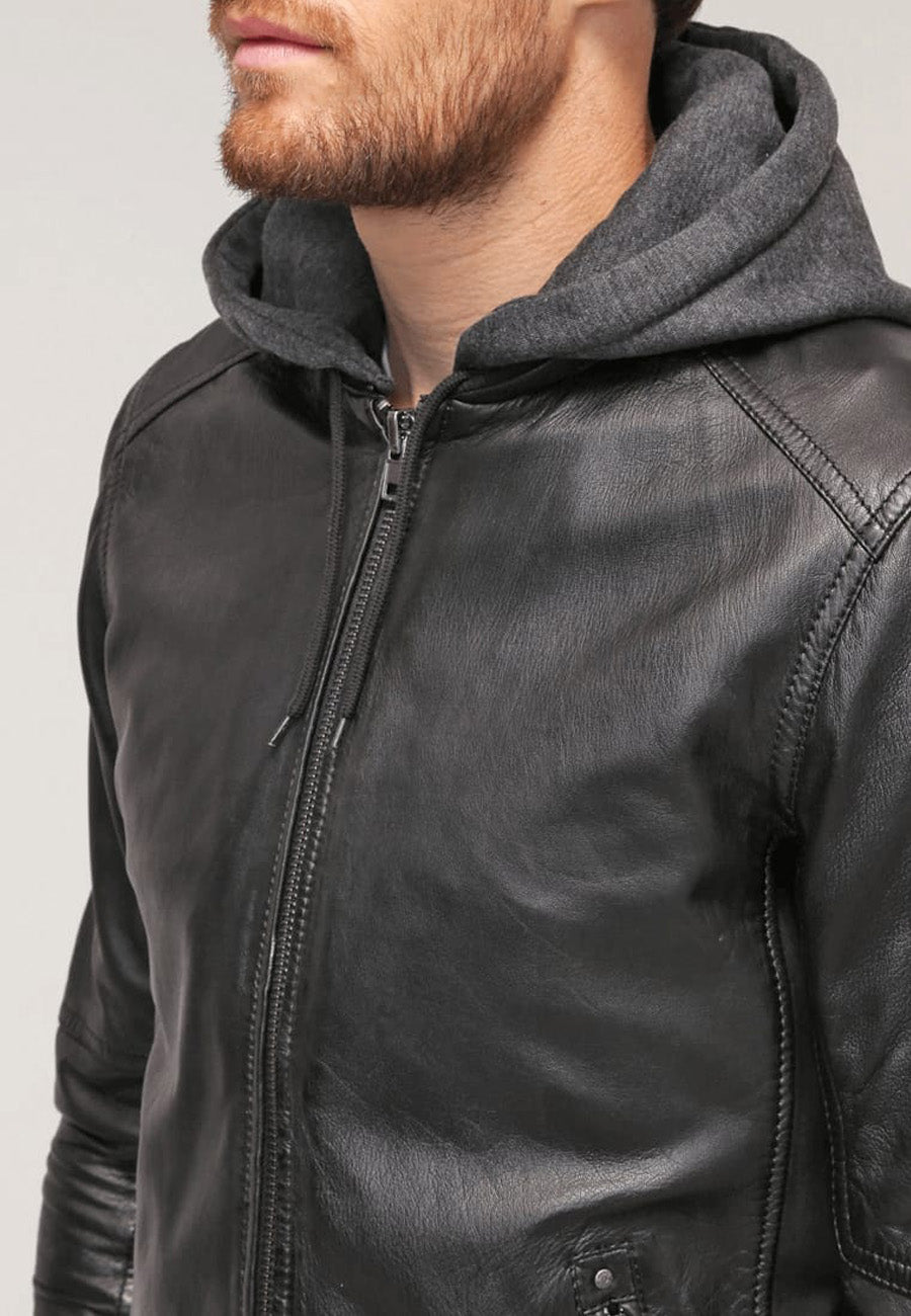 Stylish Men's Black Leather Hooded Bomber Jacket