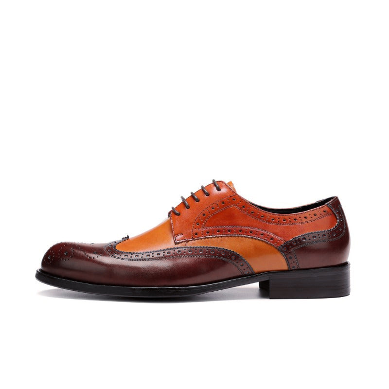 Men Maroon Orange Cont Brogue Toe Wing Tip Oxford Genuine Leather Shoes