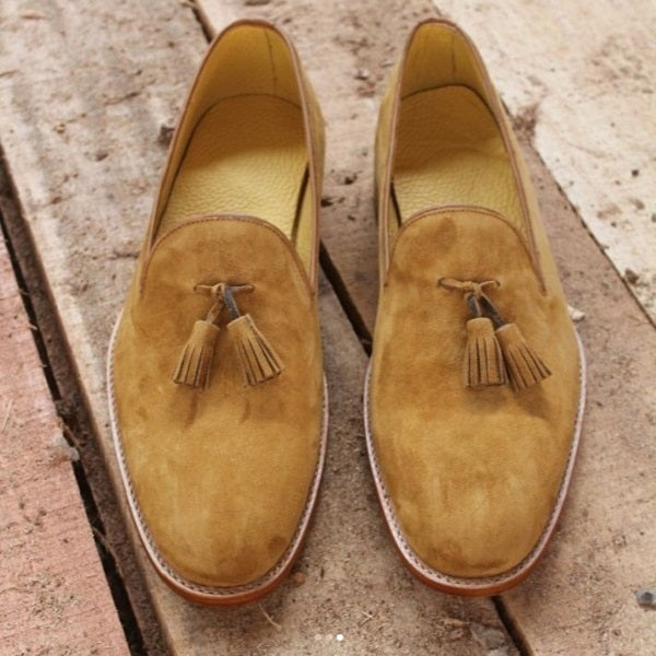 Tan Color Handmade Premium Suede Leather Tassel Loafer Slip Ons Men Shoes