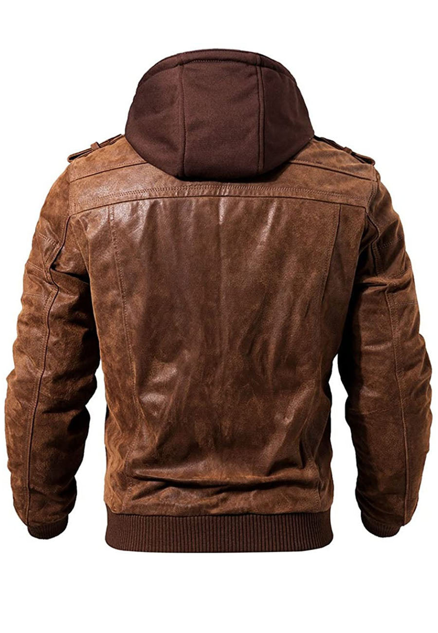 Stylish Tan Brown Leather Bomber Jacket with Removable Hood for Men