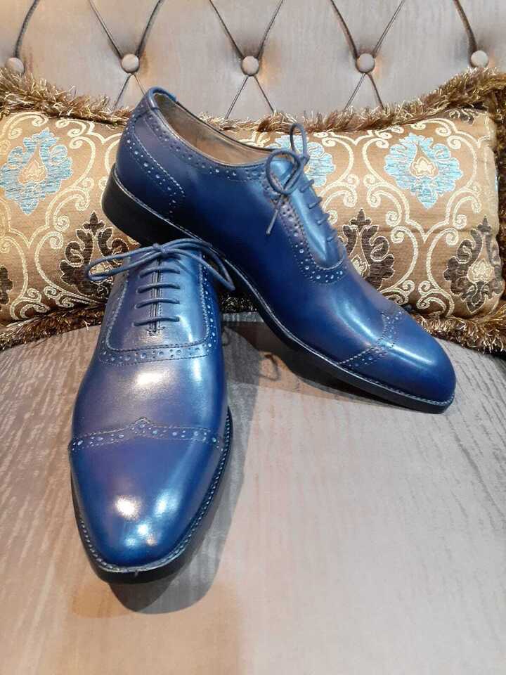 Handmade Men's Blue Genuine Leather Oxford Cap Toe Lace up Dress Formal Shoes