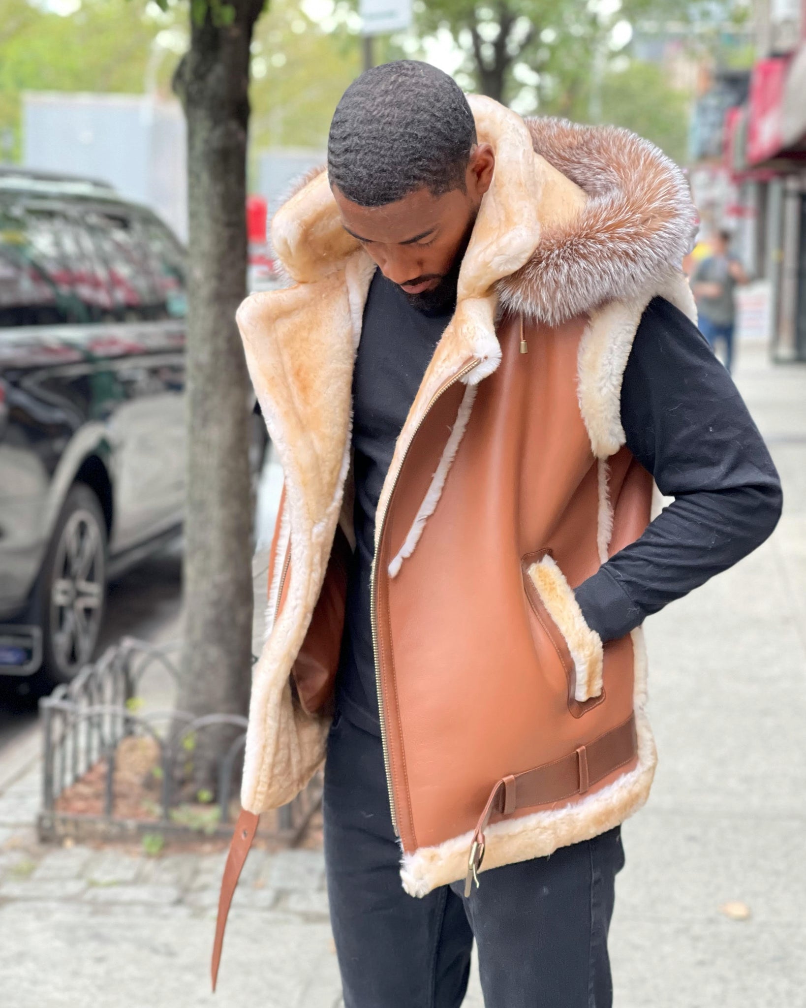 MEN SHEARLING VEST- COGNAC BROWN WITH CRYSTAL FOX HOOD