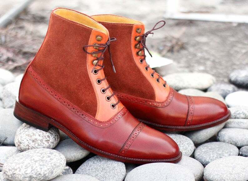 Handmade Men Tan Brown Leather Suede Cap Toe Ankle High Boots, Men Fashion Boots