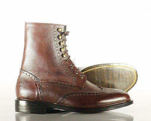 Handmade Men Brown Pebbled Leather Wing Tip Brogue Lace Up Boots, Men Ankle Boot