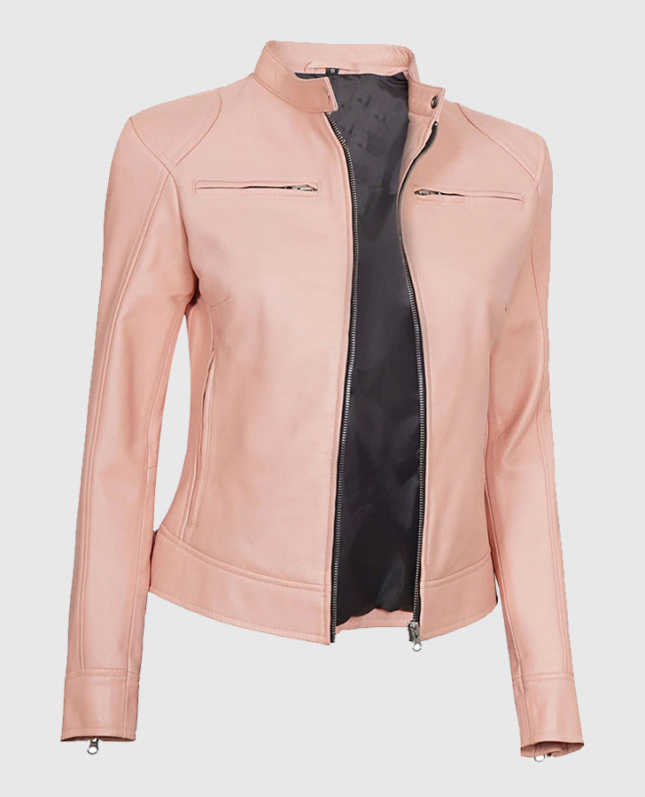 Light Pink Women's Motorcycle Cafe Racer Leather Jacket