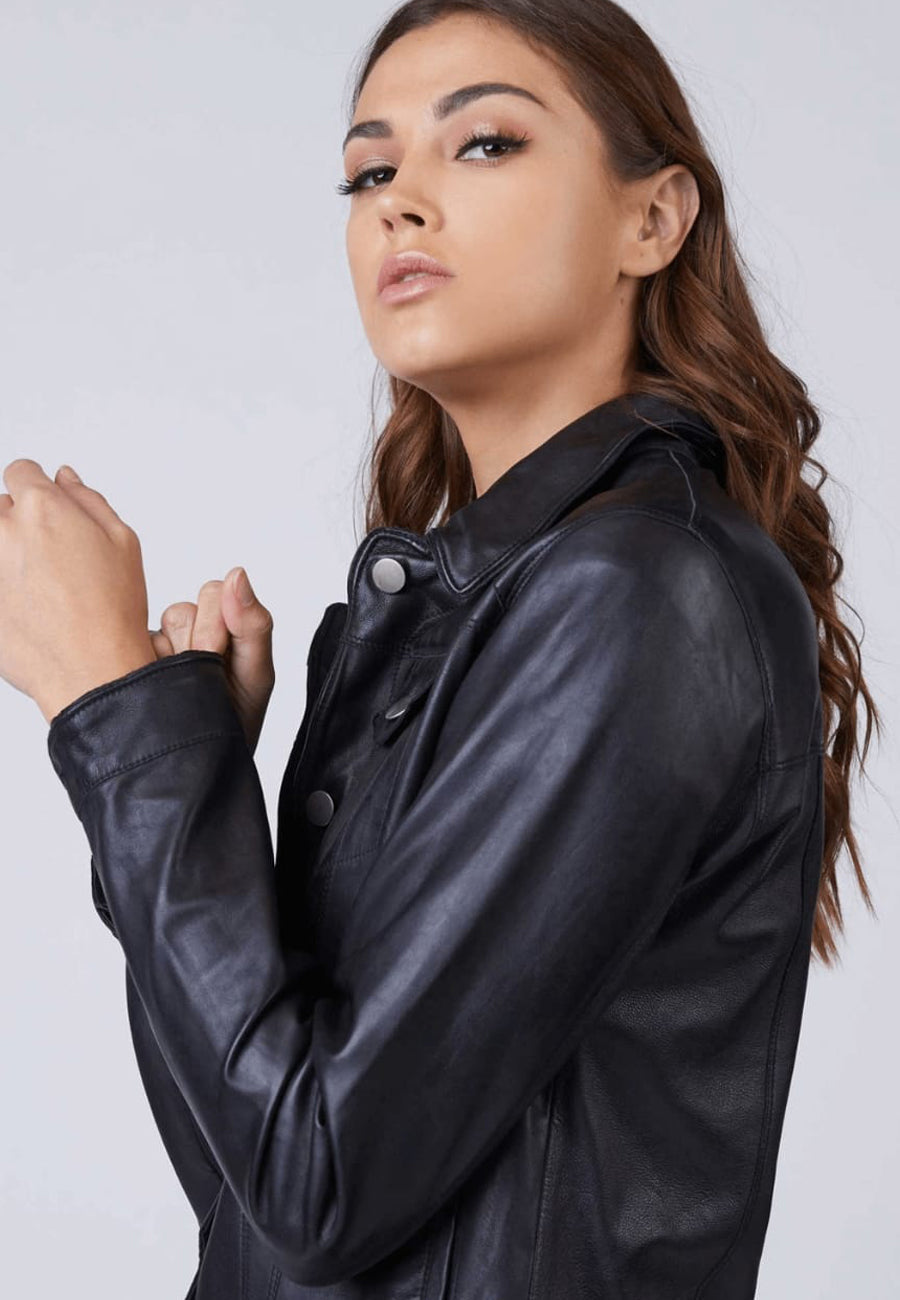 Women’s Premium Black Sheepskin Leather Trucker Jacket