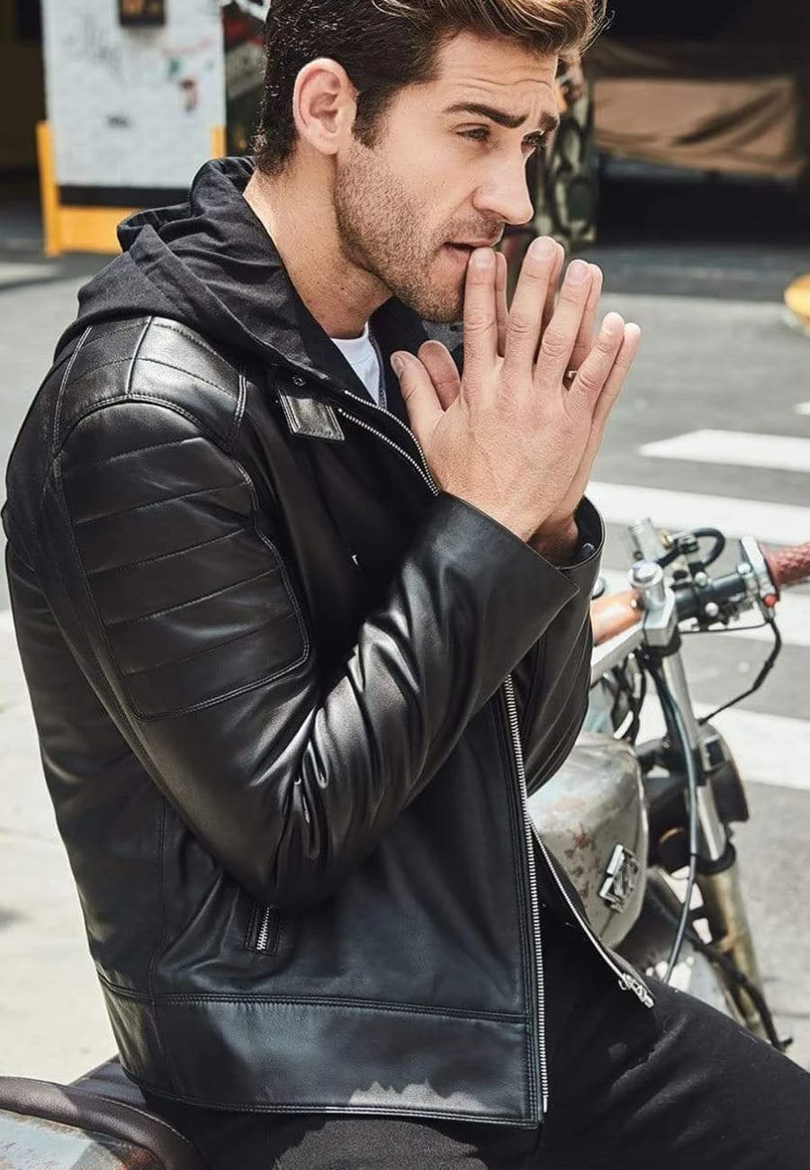 Men's Black Leather Removable Hood Biker Jacket