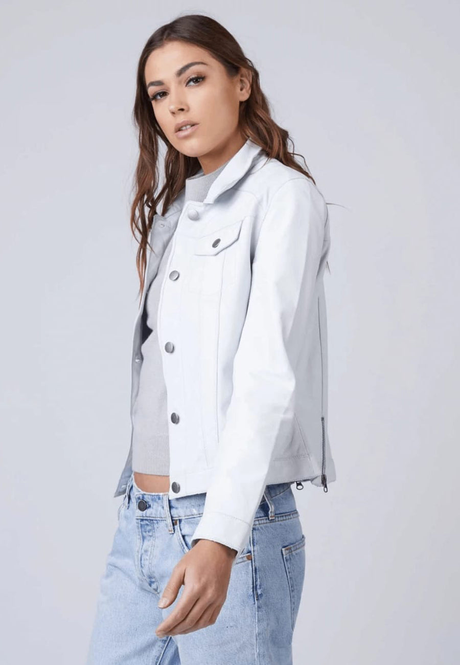 Women's Classic White Sheepskin Leather Trucker Jacket