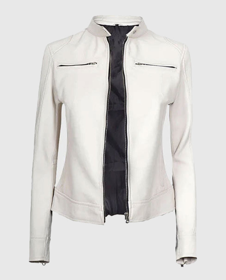 Women's White Leather Cafe Racer Jacket