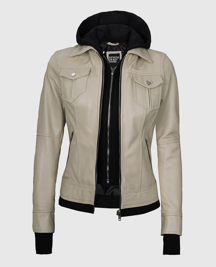 Women's Beige Bomber Leather Jacket with Hood