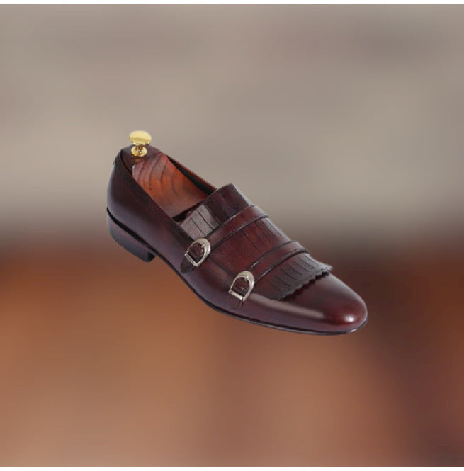 Handmade Men Brown Leather Double Monk Shoes With Fringes, Western Shoes