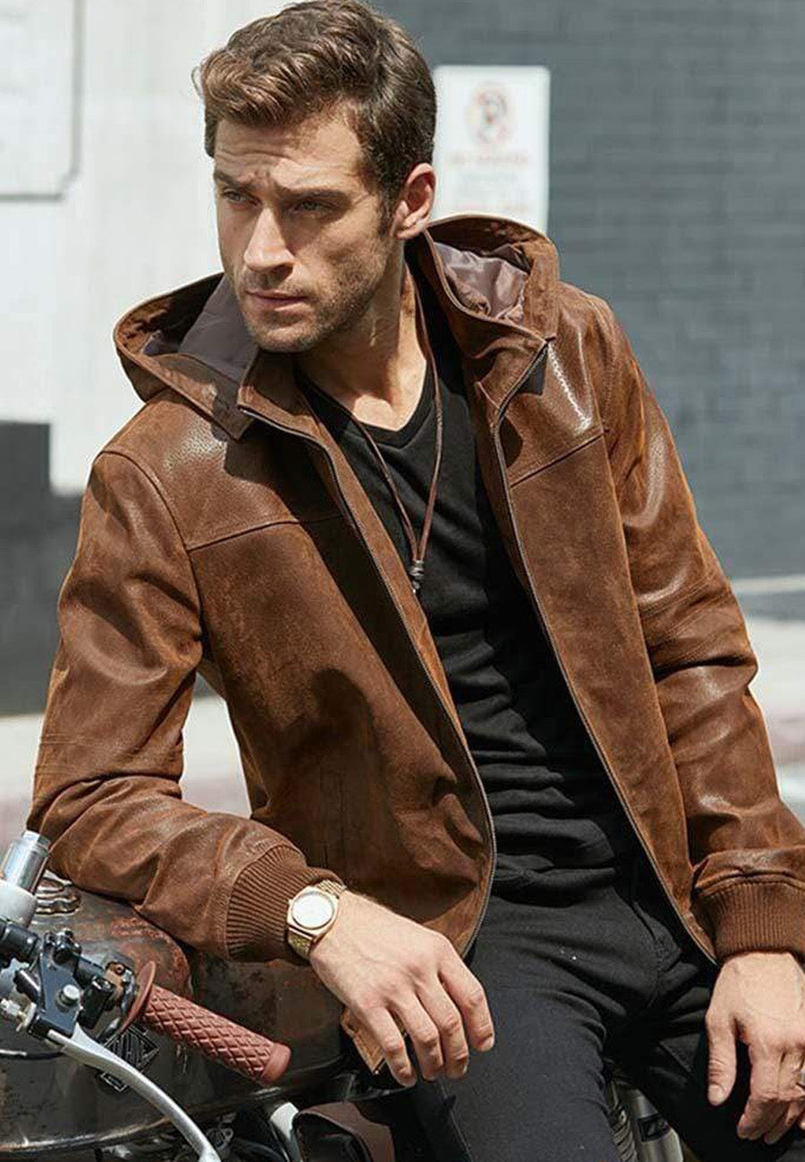 Stylish Tan Brown Leather Bomber Jacket for Men with Detachable Hood