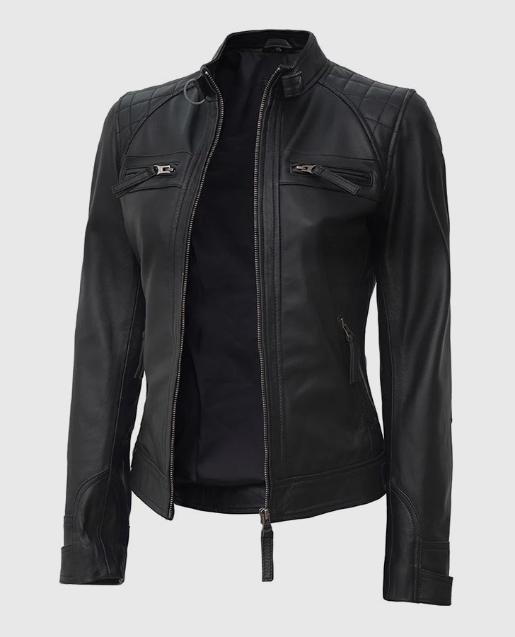 Women's Black Quilted Cafe Racer Leather Jacket