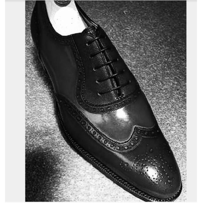 Handmade Men Black Formal Wingtip Shoes, Spectator Black Dress Shoes