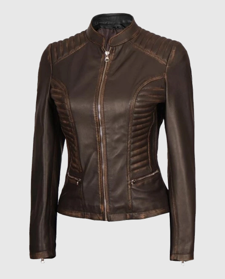 Women's Rachel Dark Brown Rub-off Cafe Racer Leather Jacket