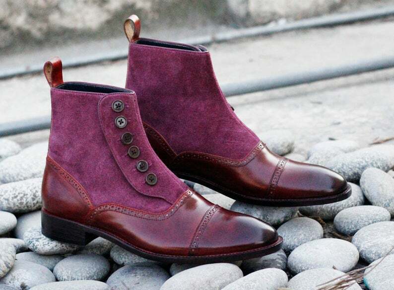 Men's Handmade Burgundy Leather & Suede Cap Toe Button Ankle Fashion Boots