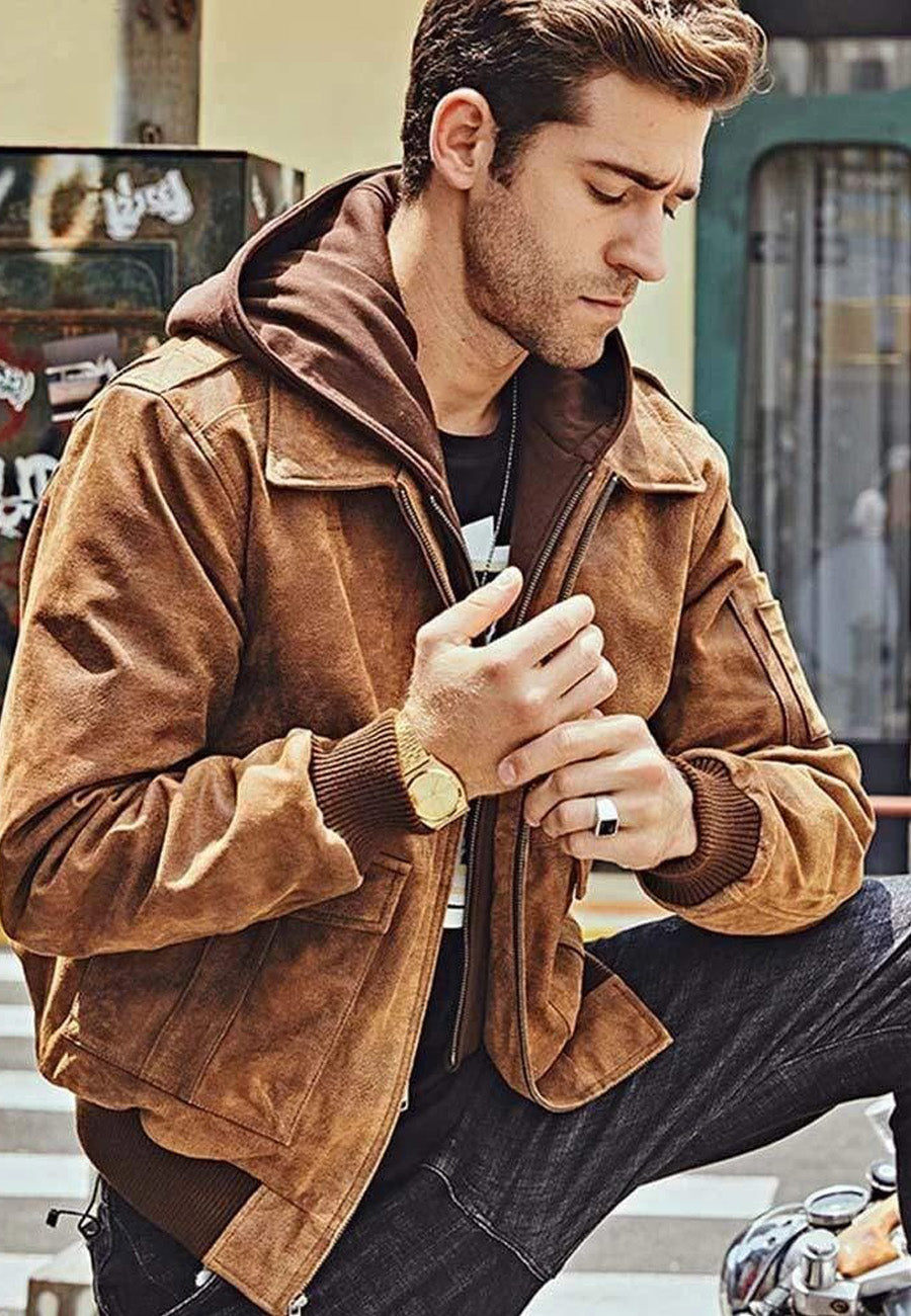 Stylish Men's Tan Brown Distressed Leather Bomber Jacket with Removable Hood