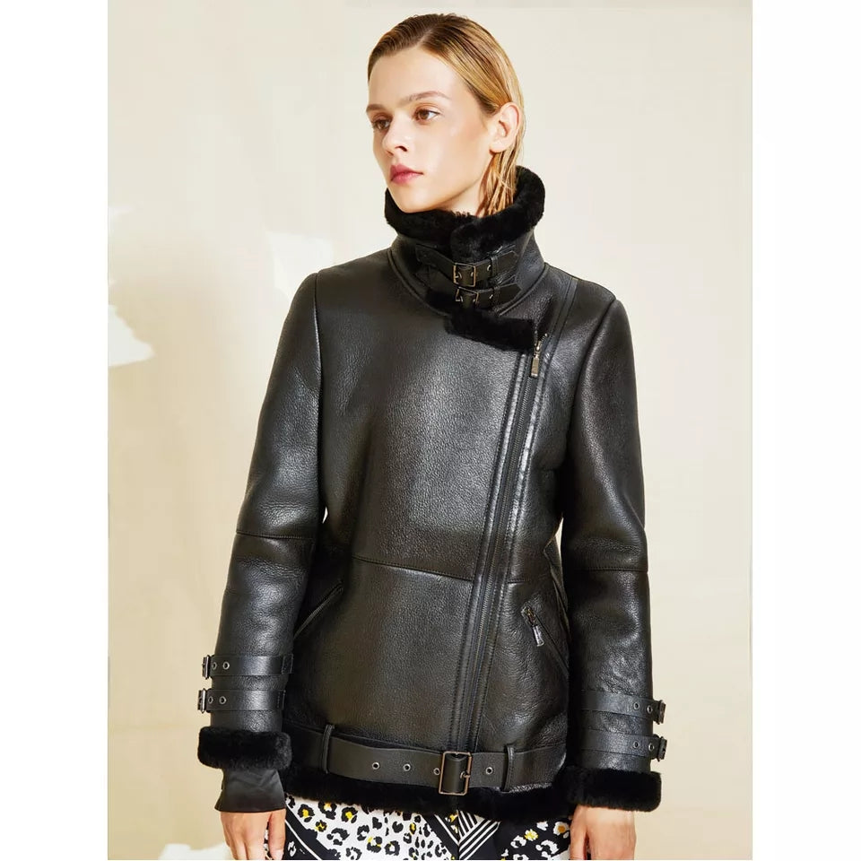 Women’s Black Leather Shearling Long Coat