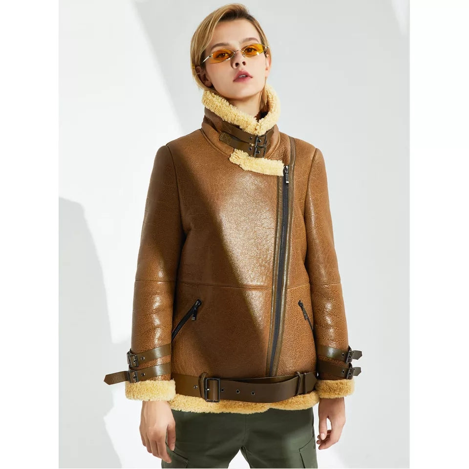 Women’s Tan Brown Leather Shearling Long Coat