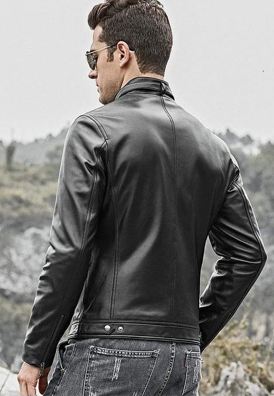 Men's Black Leather Crew Neck Jacket with Zip Detailing