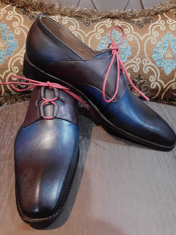 Handmade Men's Blue Leather Lace up Unique Toe Dress Formal Shoes