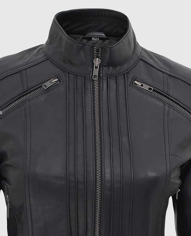 Women's Black Leather Cafe Racer Jacket with Decorated Seams