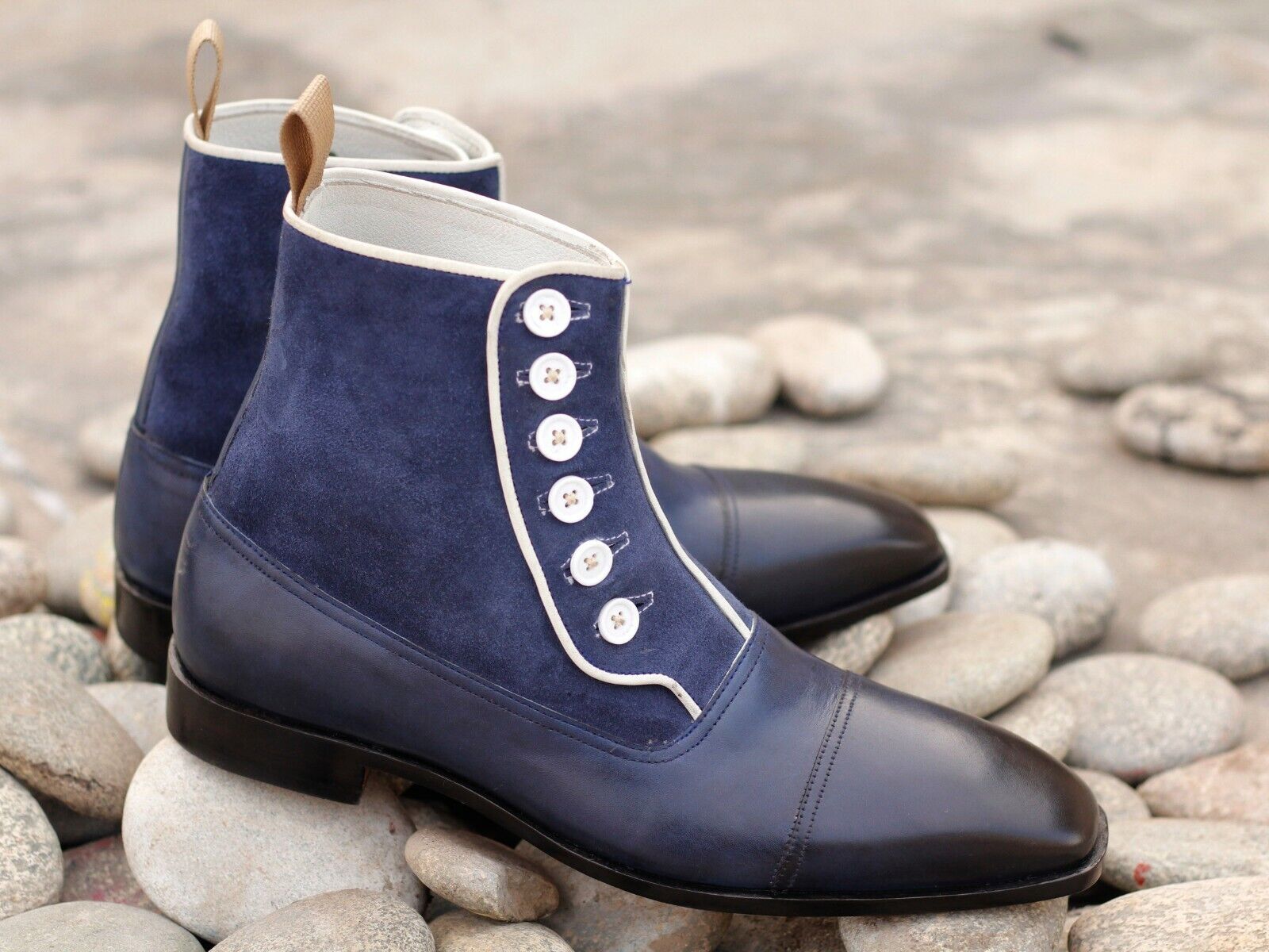 Stylish Handmade Mens Navy Blue Leather Suede Cap Toe Button Fashion Dress Boots