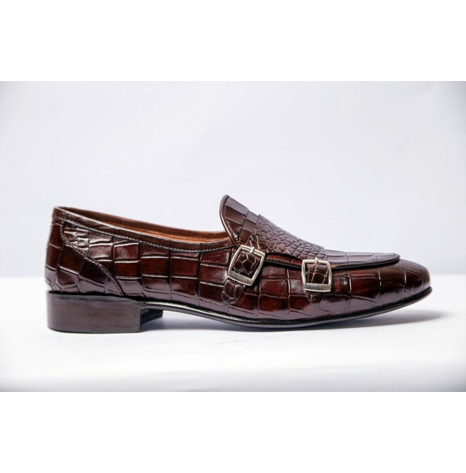 Handmade Men Brown Alligator Textured Leather Double Monk Shoes