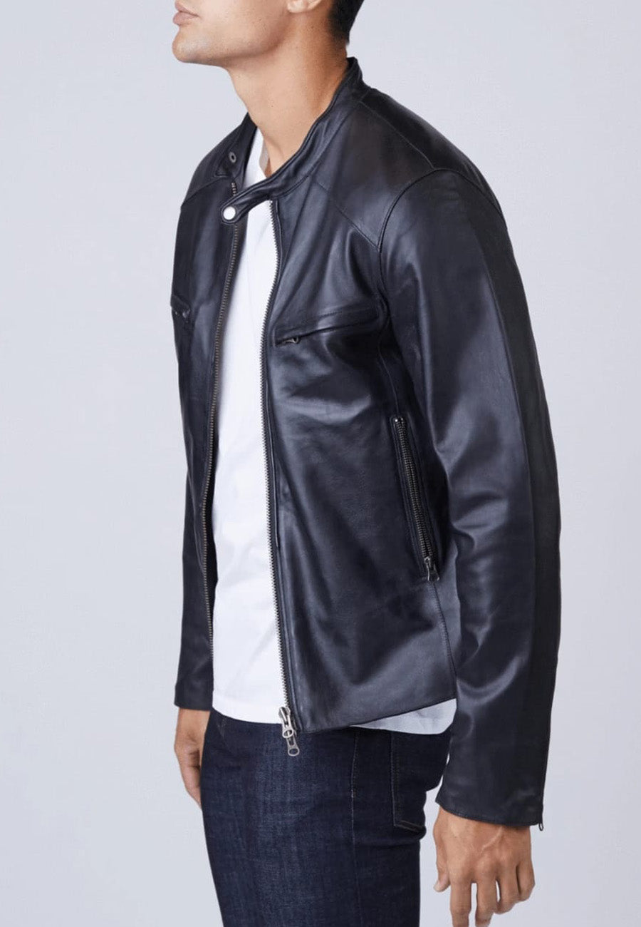 Men's Black Leather Jacket with Crew Neck