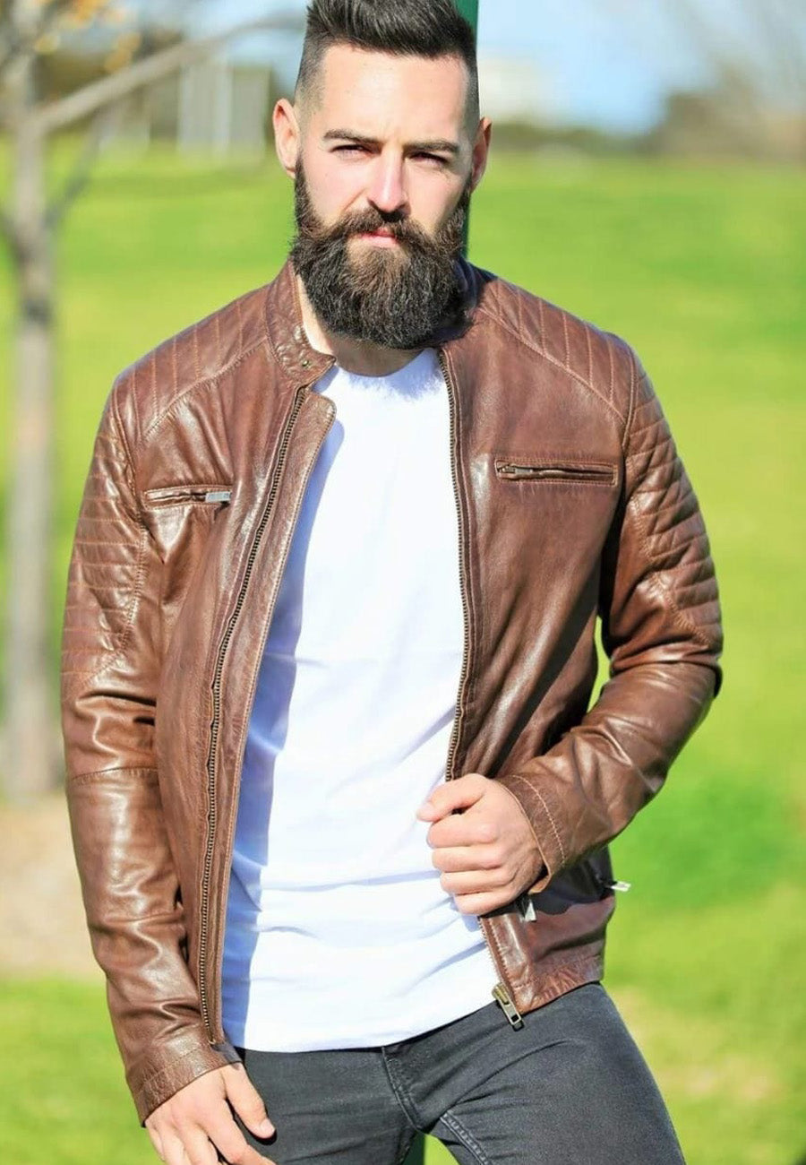 Men's Chocolate Brown Leather Biker Jacket