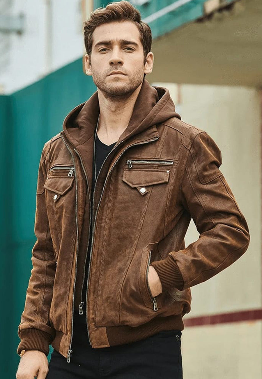 Stylish Men's Brown Leather Bomber Jacket with Removable Hood