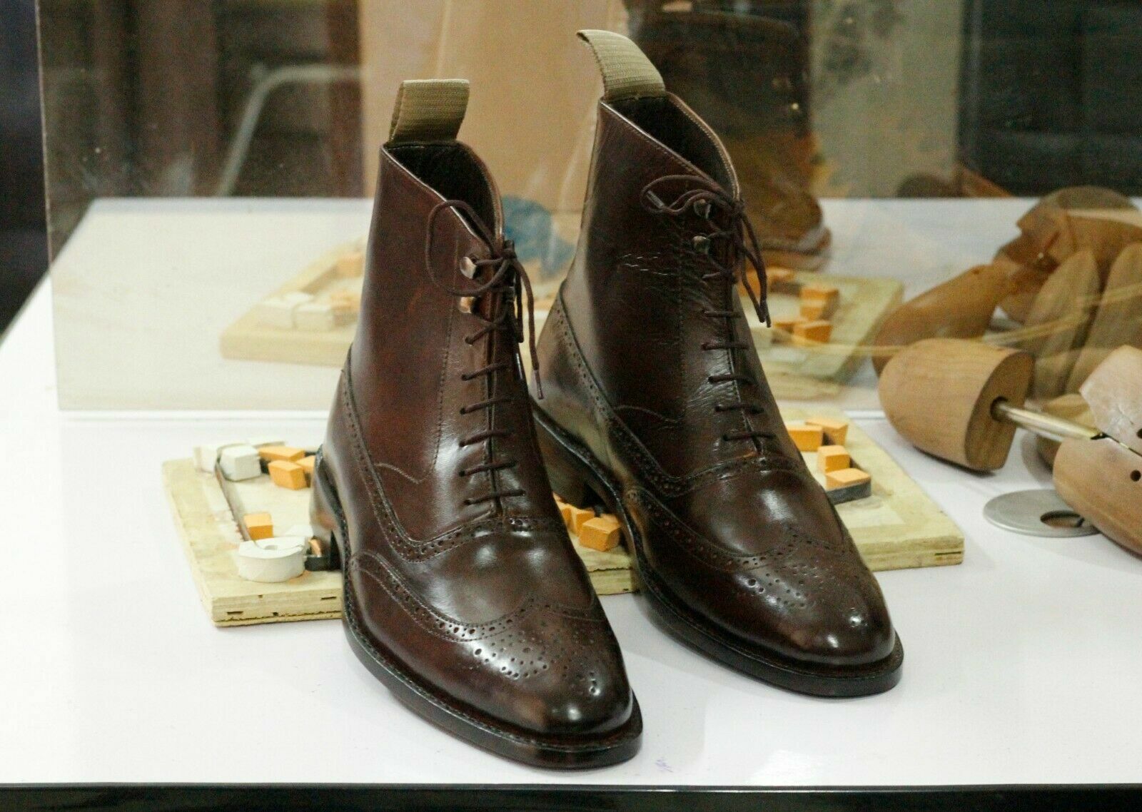 Handmade Men Brown Leather Wing Tip Brogue Lace Up Boots, Men Ankle Fashion Boot