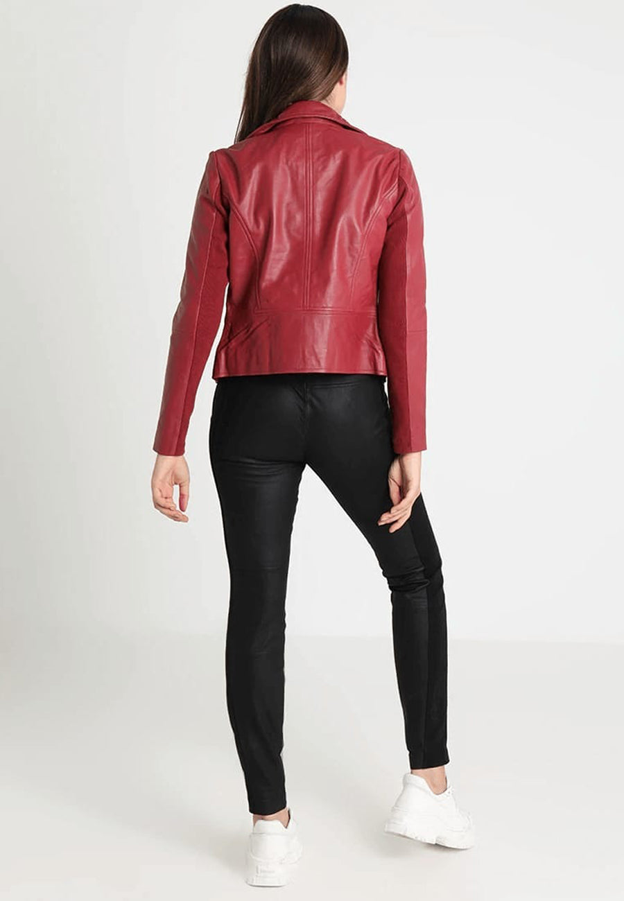 Women's Red Sheepskin Leather Biker Jacket