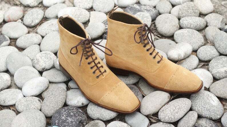 Men's Beige Suede Handmade Cap Toe Designer Boots, Men Fashion Ankle Boots