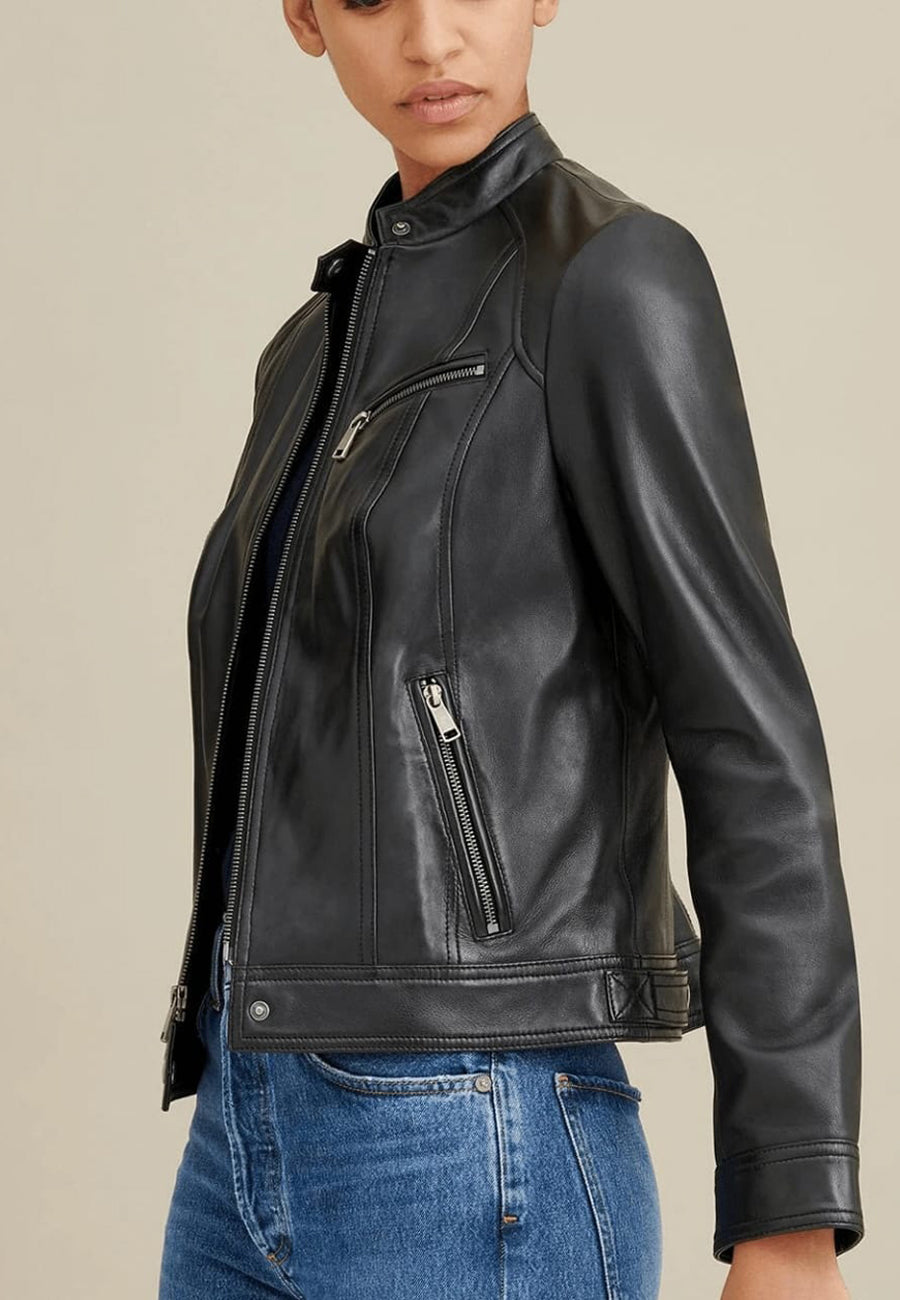 Women's Black Sheepskin Leather Biker Jacket