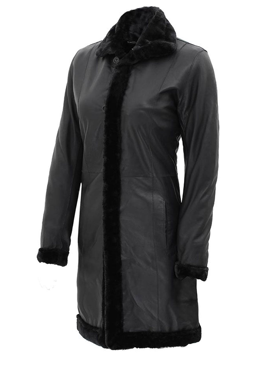 Women’s Black Leather Shearling Long Coat