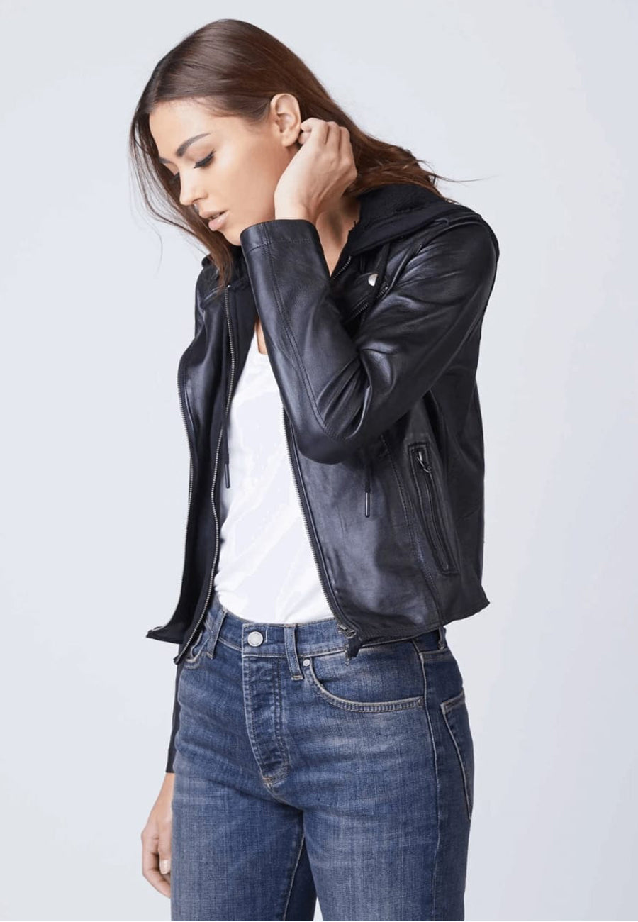 Versatile Women's Black Leather Jacket with Removable Hood