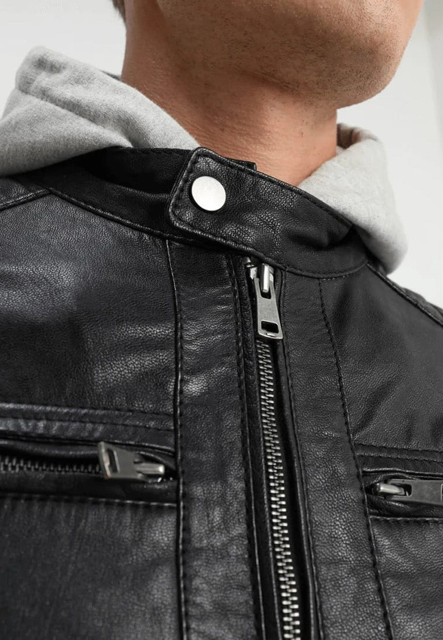 Men's Black Leather Biker Jacket with Removable Hood