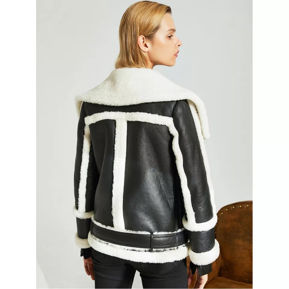 Women’s Black Leather White Shearling Big Collar Coat