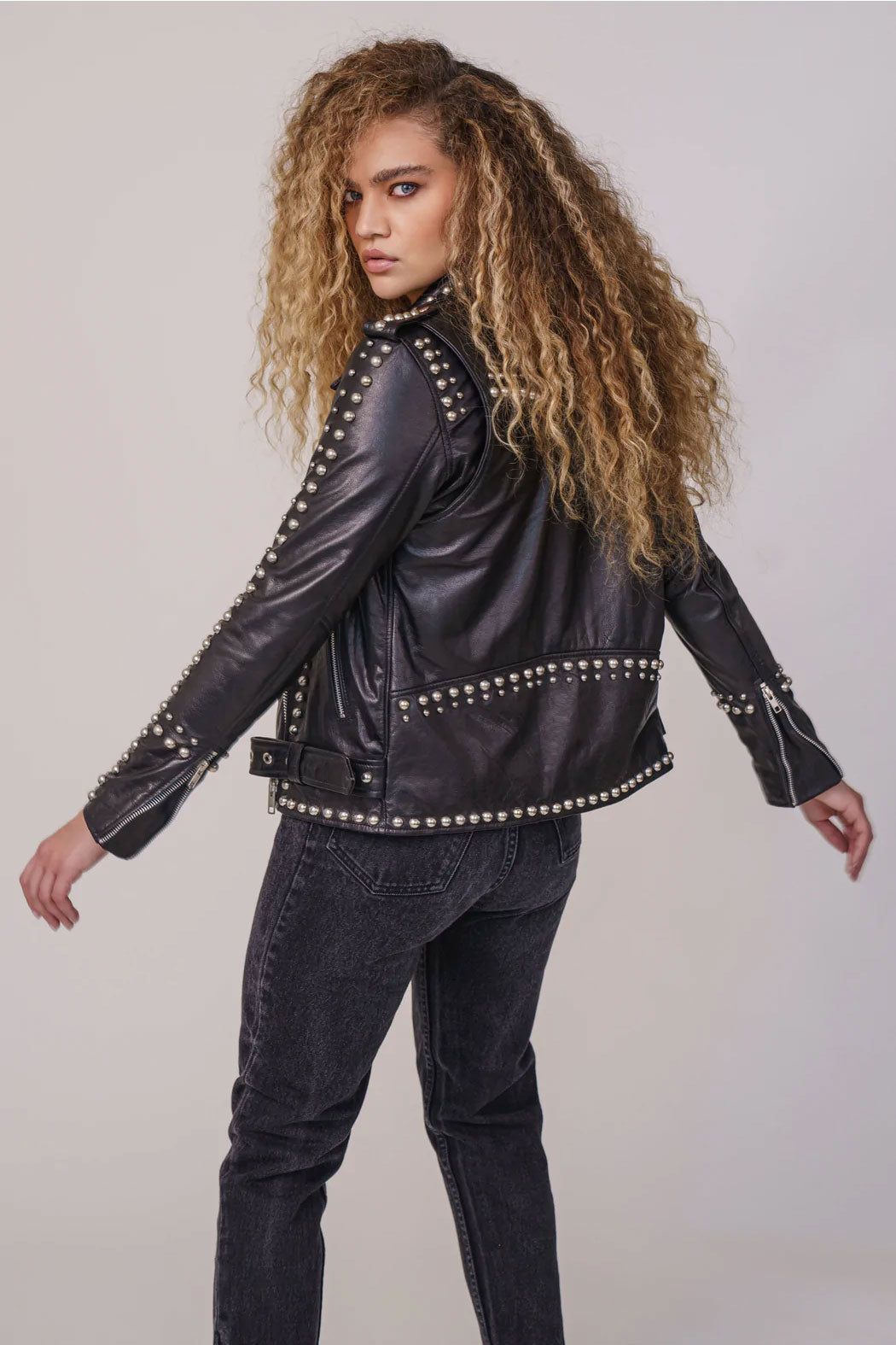 Women Black Style Silver Spiked Studded Leather Biker jacket