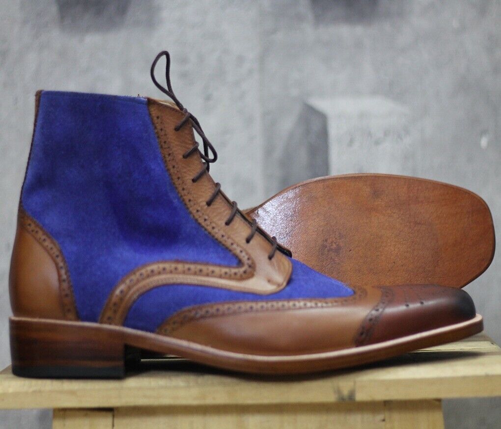 Handmade Leather & Suede boots for men, Men's Brown & Blue ankle high boots