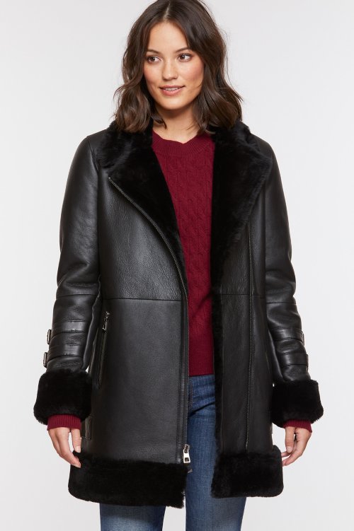 Women’s Black Leather Shearling Long Coat