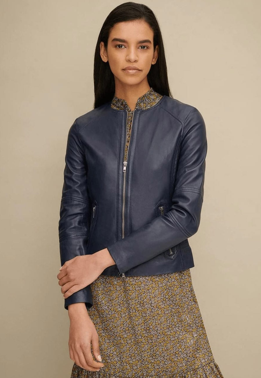 Women's Classic Blue Sheepskin Leather Jacket