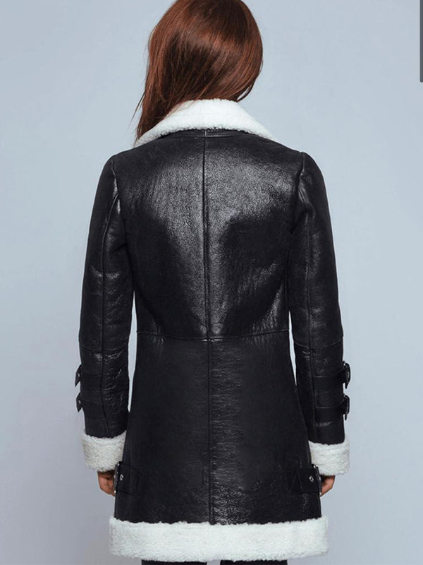 Women’s Black Leather White Shearling Long Coat