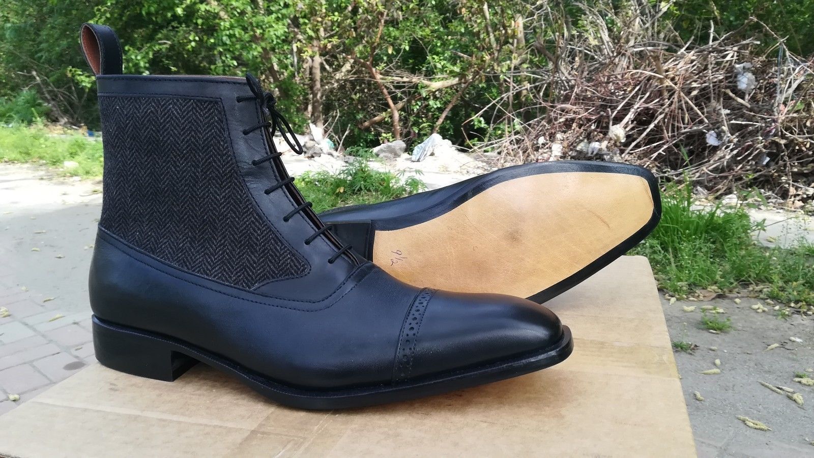 Handmade men black leather boots, tweed fabric boots for men, ankle dress boots