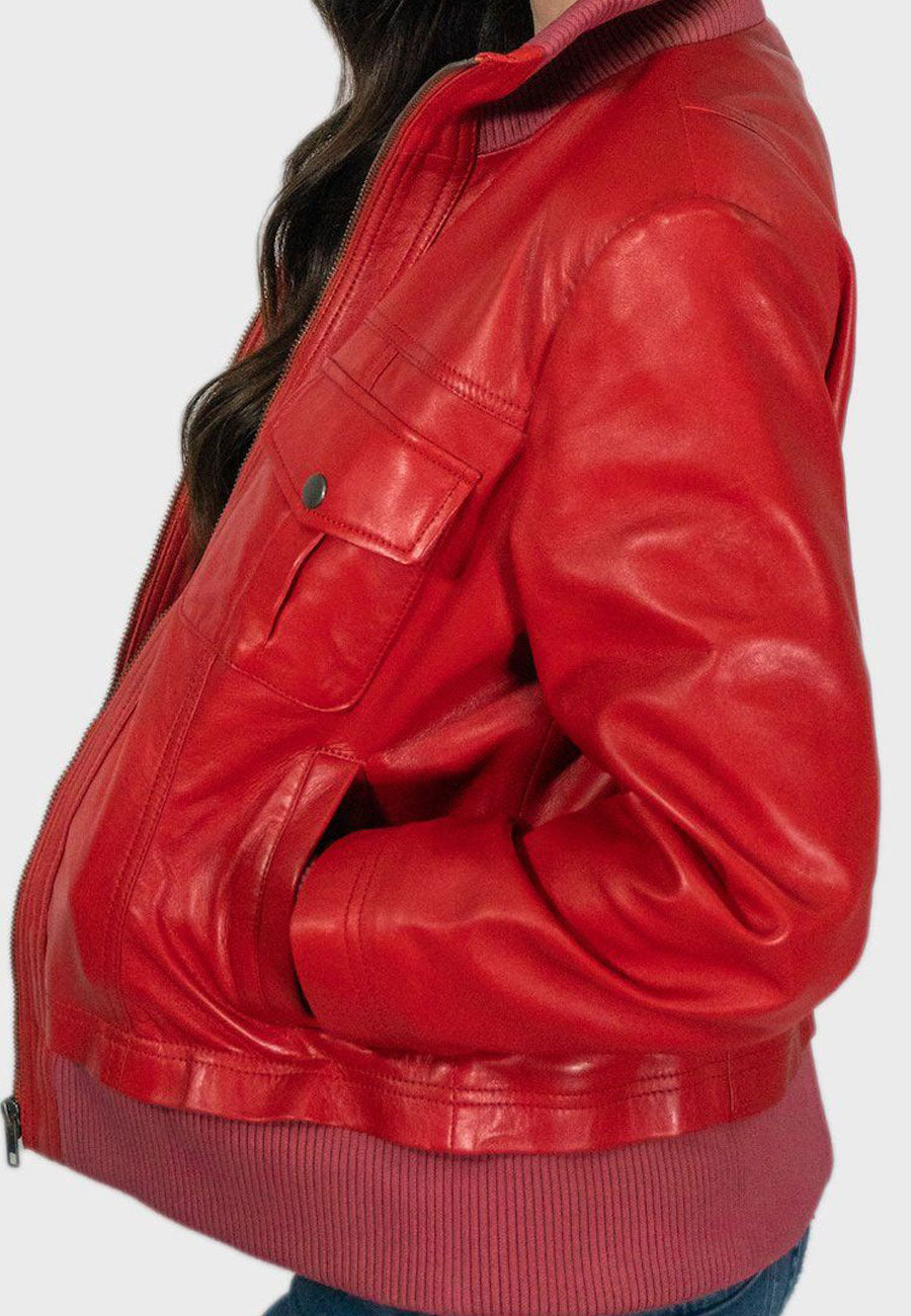 Women's Red Leather Bomber Jacket